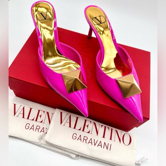 Valentino Garavani One Stud Pink Patent Leather Mules Heels EU 37.5 US 7.5 - Picture 2 of 13
